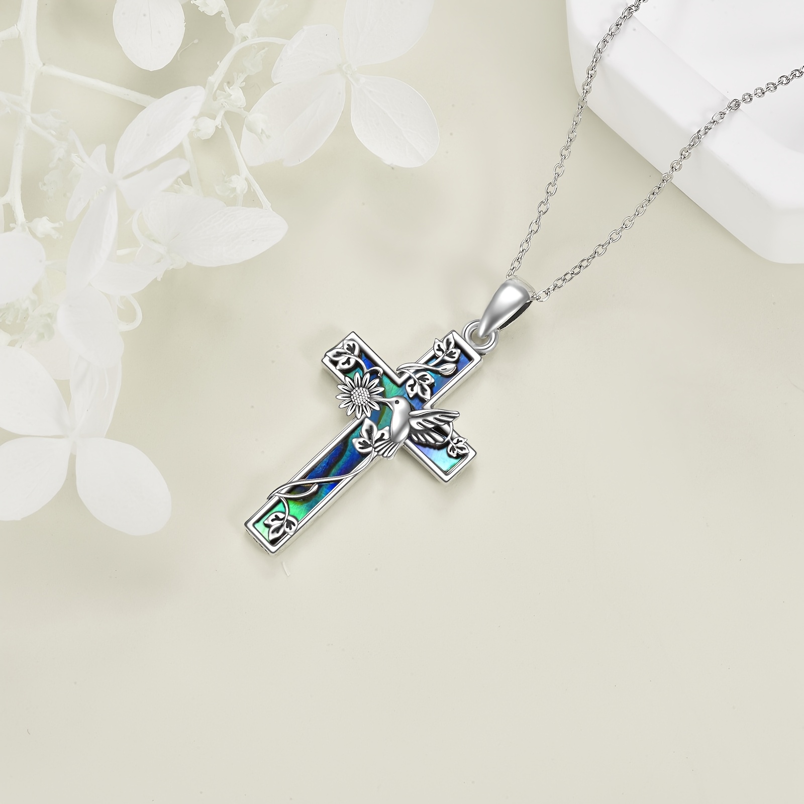 YFN Sunflower Cross Necklace, S925 Sterling Silver Pendant